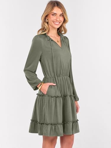 Caracilia Long Sleeve Dress for Women Fall 2026 Casual V Neck High Waist Tiered Ruffle Aline Swing Tunic Short Mini Dresses X-Large Army Green - Thumbnail 4