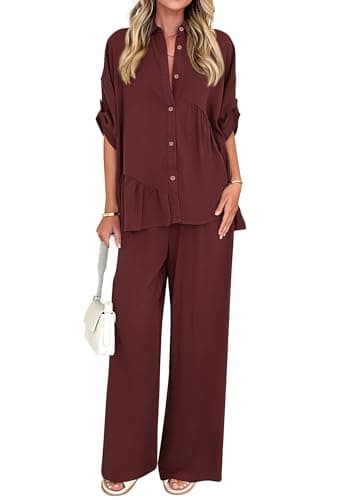 KIRUNDO Two Piece Sets for Women Spring Outfits 2026 Summer Dressy Casual Button Down Shirt Wide Leg Pants Lounge Set(Brown, Medium) - Image 1