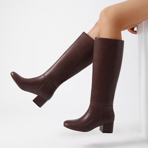 Athlefit Brown Knee High Boots for Women Chunky Low Heel Tall Boots Round Toe Fashion Pull On Booties Size 9 - Thumbnail 2
