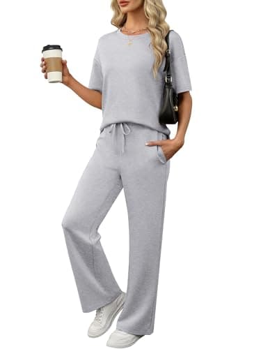 ANRABESS Lounge Sets for Women 2 Piece Summer Casual Travel Outfits 2026 Short Sleeve Wide Leg Pants Matching Set Sweatsuits