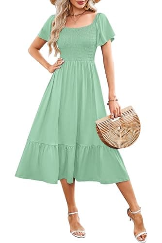 AUSELILY Women's Summer Empire Waist Dress Smocked Flutter Short Sleeve Square Neck Midi Dresses 2026 New Pea Green L - Image 1