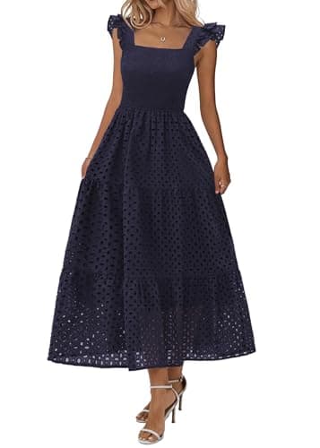 Lazysmile Womens Summer Maxi Dress Square Neck Ruffle Cap Sleeve Hollow Out Eyelet Smocked Tiered A Line Boho Sundress Navy - Image 1