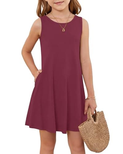 Girls Sleeveless Summer Dress Kids Crewneck Casual Mini Floral A Line Beach Sundresses with Pockets 5-14 Years Burgundy XS - Image 1