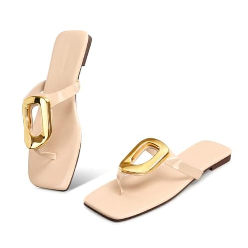 StillFancxy Gold Buckle Flat Sandals for Women Square Toe Dressy Flip Flops Trendy Thong Sandals Slide Sandals - Image 1