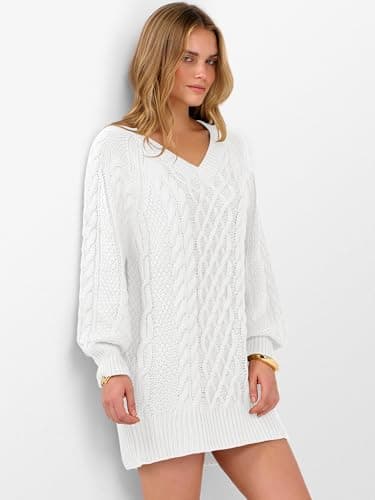 ANRABESS Womens Long Sleeve V Neck Oversized Cable Knit Mini Sweater Dresses 2026 Winter Fall Trendy Pullover Tunic Outfits White Large - Thumbnail 3