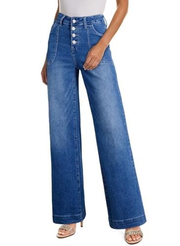 SHEWIN Women Jeans Spring Straight Leg High Waist Pants Trendy Petite Stretchy Strech Loose Denim Jean Inseam 29, Size 4, Blue - Image 1