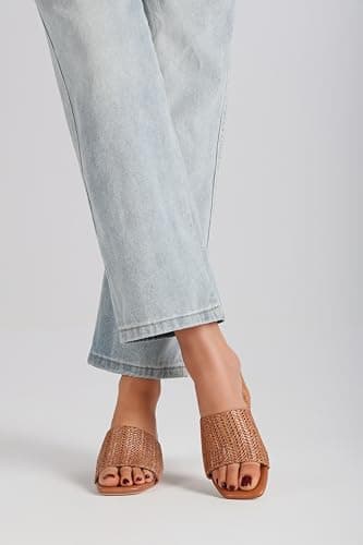 MeiLuSi Womens Raffia Slide Sandals Chunky Block Heels Square Open Toe Summer Sandals Vacation Dressy Shoes Beach Slides Slip On Raffia Brown Size 6 - Thumbnail 6