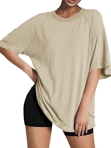 Tankaneo Womens Oversized Tshirts Crew Neck Short Raglan Sleeve Tunic Tops Summer Casual Loose Fit Workout Tee Shirts Khaki - Image 1