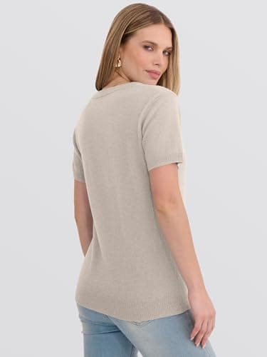 ANRABESS Women’s 100% Wool Sweater，Office Work V Neck Short Sleeve Sweaters ，Soft & Lightweight， Business Casual Tops Apricot Small - Thumbnail 4
