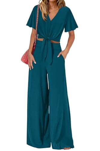 PRETTYGARDEN Women 2 Piece Summer Outfits Short Sleeve Strappy Top Wide Leg Pants Tracksuit Lounge Sets Beach Clothes(Dark Blue,Small) - Image 1