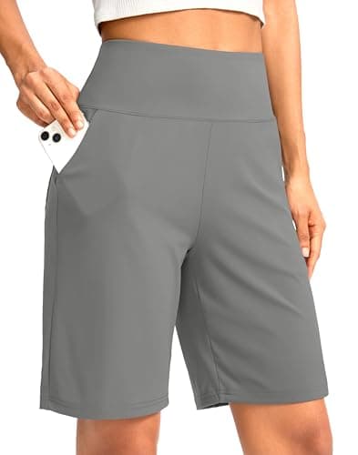 G Gradual Women's Bermuda Long Shorts with Pockets 9" High Waisted Knee Length Shorts for Women Walking Athletic Workout(Light Grey,M) - Image 1