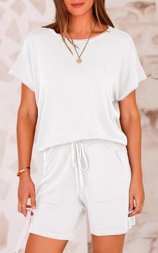PRETTYGARDEN Two Piece Set For Women Summer Lounge Sets Shorts And Short Sleeve Tops Knitted Matching Travel Spring Outfits(White,M) - Thumbnail 2