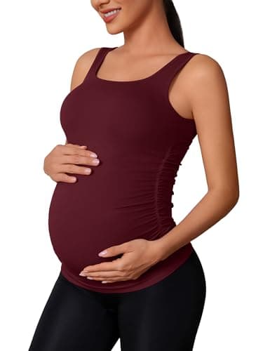 ATTRACO Maternity Yoga Tops Sleeveless Flattering Fit Removable Bra Pads Wine Large - Image 1