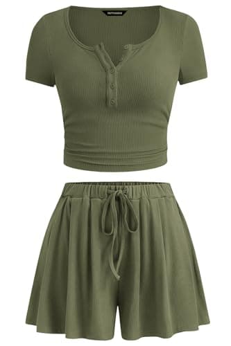 PRETTYGARDEN 2 Piece Sets For Women Summer Short Sleeve Button Up Shirts Drawstring Elastic Waist Shorts Lounge Set 2026(Army Green,Medium) - Image 1