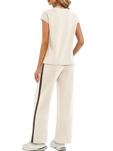 Casly Lamiit 2 Piece Sets for Women Crew Neck Travel Summer Outfits Casual Lounge Set Cap Sleeve Beige M - Thumbnail 4