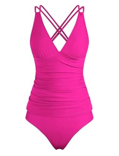 ZAFUL Tankini Swimsuits for Women 2026 Two Piece Swimsuits High Waisted Bathing Suit Solid Color Push Up Swim Top for Women Summer Party (Rose Red XL) - Thumbnail 3