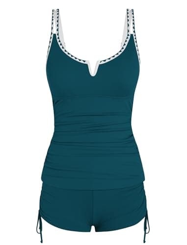 ZAFUL Women's V-Wire Tankini Swimsuits Pink Two Piece Bathing Suits Ruched Tank Top Tummy Control High Waisted with Sporty Shorts Blue S - Thumbnail 3