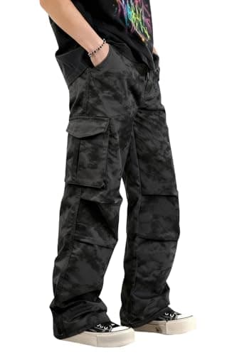 GINGTTO Baggy Cargo Pants Men Black Camo Wide Leg Fashion Y2K Loose Fit Streetwear Drawstring Stretch 36 - Image 1