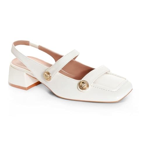 White Slingback Mary Jane Heels for Women Low Block Heel Closed Square Toe Pump Shoes Heels Classic Daily Office Dressy Shoes White Size 10 - Image 1