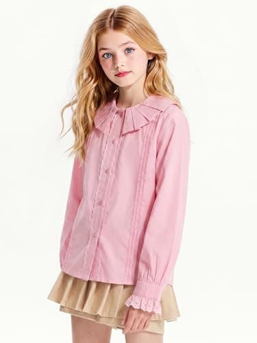 Barry Banny Girls Pink Dress Shirt Button Down Blouse Kids School Uniform Elegant Lace Decorated with Peter Pan Collar size6-7Y - Thumbnail 4
