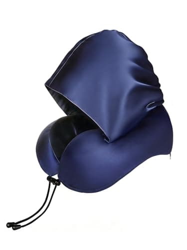BAIKEA Satin Neck Pillow with Hood Pixie Pillows for Short Hair Sleep Travel Airplane Memory Foam Long Flight Plane Essentials Blue - Image 1