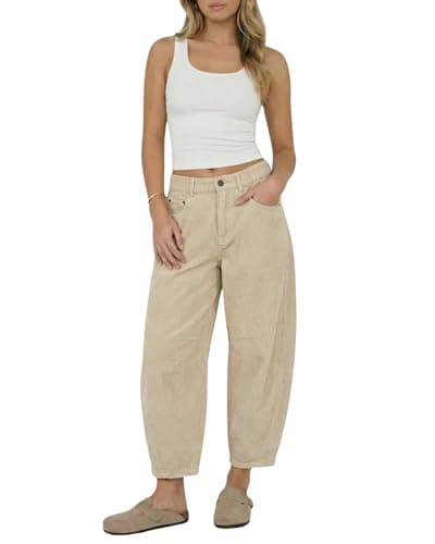 OctMoon Women’s Corduroy Barrel Pants Mid-Rise Elastic Waist Corduroy Pants Wide Leg Trousers Casual Wide Leg Baggy Trouser with Pockets(Beige)-XL - Image 1