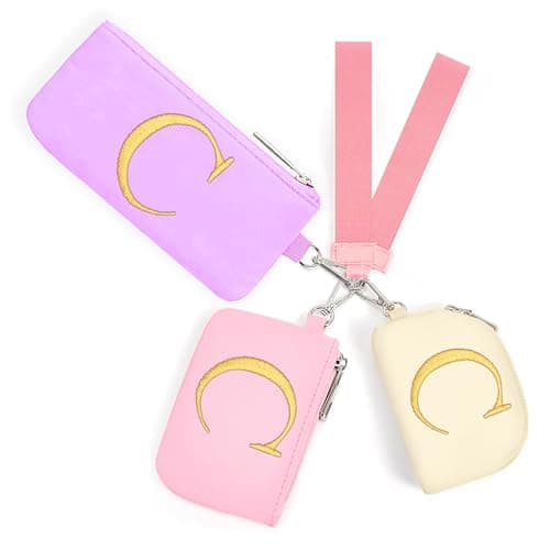 Mini Zip Around Keychain Wristlet Wallets for Women and Girls: Three Coin Purses with 2 Straps - Best Gifts for Birthdays, Christmas, Wedding Parties, Valentine's Day, New Year (C, Purle&Pink&Cream) - Image 1