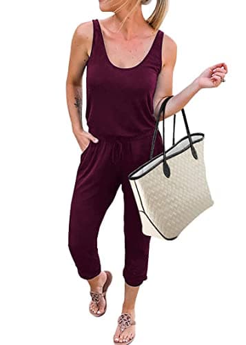 KIRUNDO Women 2026 Summer Jumpsuits Casual Sleeveless Drawstring Elastic Waist Romper Vacation Cruise Airport Travel Outfits(Wine Red, X-Large) - Image 1