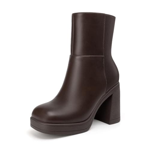 Athlefit Women's Platform Ankle Boots High Chunky Block Heel Brown Boots Fashion Square Toe Zipper Heeled Booties Size 11