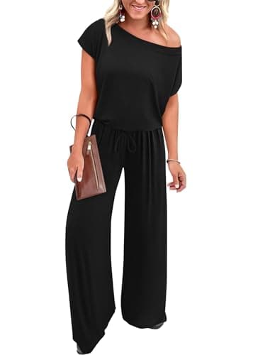 KIRUNDO Black Jumpsuits for Women Casual Summer Loose One Piece Outfits Off Shoulder Wide Leg Jumpsuit Overalls Stretchy Long Pant Rompers with Pockets 2025(Black, X-Large) - Image 1