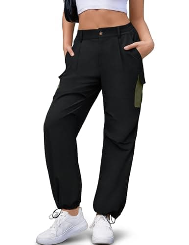 LOOKBOHO Hiking Pants Women 2026 Summer Cargo Contrast Pockets Lightweight Travel Drawstring Casual Straight Leg Trousers Black Medium - Image 1
