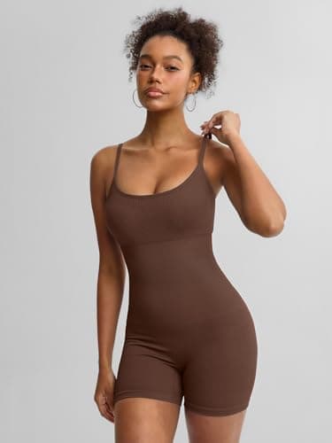 BRXL Seamless Workout Jumpsuits For Women Adjustable Spaghetti Strap Short Ribbed Romper Compression Sleeveless One Piece Gym Yoga Outfit Paded - Thumbnail 6