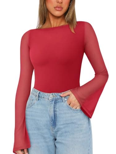 REORIA Women’s Fashion Sexy Boat Neck Classy Bell Sleeve Double Lined Sheer Mesh Cute Night Out Bodysuit Tops For Party Red XX-Large - Image 1