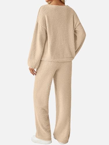 GKBK Womens 2 Piece Outfits Knit Sweater Sets Fuzzy Fleece Long Sleeve Top Wide Leg Pants Loungewear Matching Lounge Set 2026 Fall Winter Tracksuit Baggy Fashion Clothes Beige M - Thumbnail 3