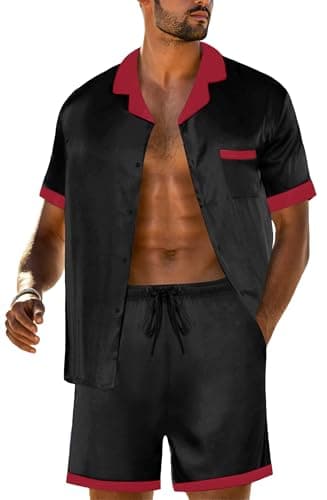 PrinStory Mens Pajamas Set Satin Silk Pajama For Men Sleepwear Shorts Summer 2 Piece Button Down Set Black Red S - Image 1