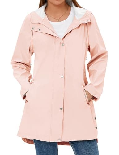 Mixxmix Rain Jacket Womens Waterproof with Hood Travel Rain Coat Lightweight Windbreaker Outdoor Rain Trench Coat Pink L - Thumbnail 2