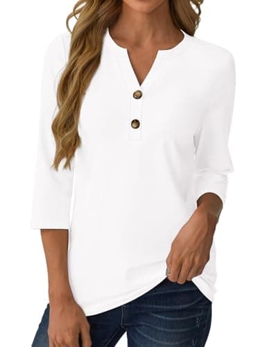 GKBK Womens Tops 3/4 Length Sleeve V Neck Button Down Loose Fit Shirts Business Casual Basic Tees Summer Fashion 2026 Dressy Casual Vacation Travel Essentials Blouses Trendy Outfits White XL - Thumbnail 2
