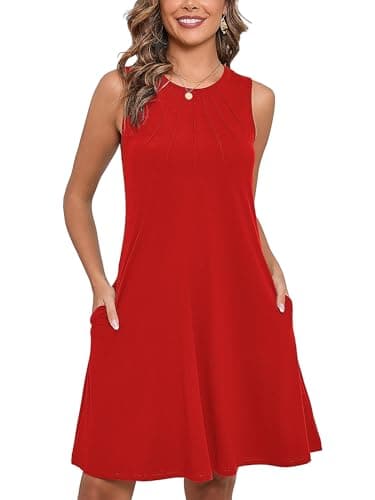 Heymoments Women Summer Dress Red Small Sleeveless Crew Neck Casual Cute Loose Fitting Tank Sundress Comfy Swing Midi Flowy A-line Trendy Beach Vacation Teacher Dresses with Pockets - Image 1