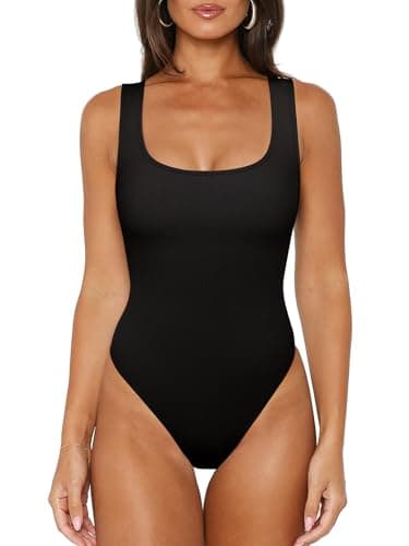 REORIA Tank Top Bodysuits for Women Ribbed Scoop Neck Sleeveless Slimming Basic Body Suit Tops Going Out Outfits 2026 Summer Black (Rayon) Medium - Image 1