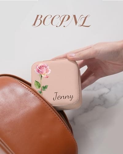 Personalized Jewelry Travel Case(with mirror) with Your Name and Birth Flower,Personalized Gifts for Women - Festival gifts, Bridesmaids Gifts, Small Travel Jewelry Box Organizer for Girls (pink) - Thumbnail 6