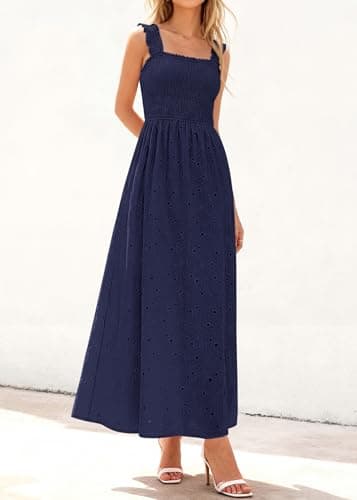 KIRUNDO Summer Lace Dress Vacation Outfits for Women 2026 Wedding Guest Dresses Maxi Beach Boho Sleeveless Cotton Sundress (Navy, X-Large) - Thumbnail 5