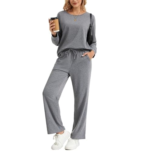 MAGICATELIER Women 2 Piece Matching Lounge Sets Long Sleeve Top Wide Leg Pants Pockets Travel Sweatsuit Casual Tracksuit - Image 1