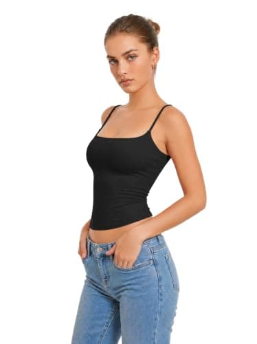 Women Sexy Square Neck Tank Top Summer Y2K Going Out Top Woman Casual Double Line Sleevess Basic Tanks Spaghetti Strap Camisole Shirts (Black,XL) - Thumbnail 6