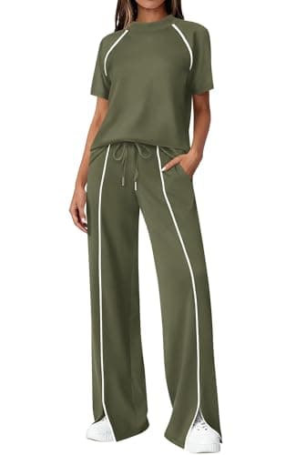 BTFBM Casual Two Piece Sets For Women Summer Outfits Solid Matching Sweatsuit Lounge Set Wide Leg Pants Workout(Army Green,X-Large) - Image 1