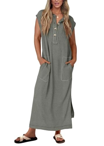 KIRUNDO Womens Summer Dresses 2026 Spring Ribbed Knit Henley Short Sleeve Maxi Dress Button Up Loose Beach Vacation Sundress(Grey, XX-Large) - Image 1