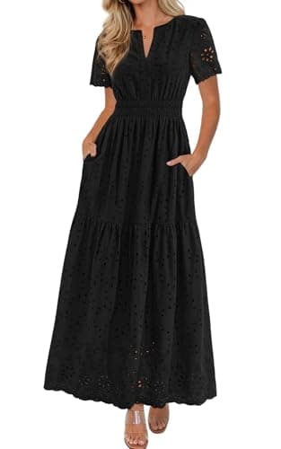PRETTYGARDEN Womens Summer Maxi Dress Short Sleeve V Neck Cotton Hollow Out A Line Beach Vacation Long Dresses with Pockets (Black, Large) - Image 1