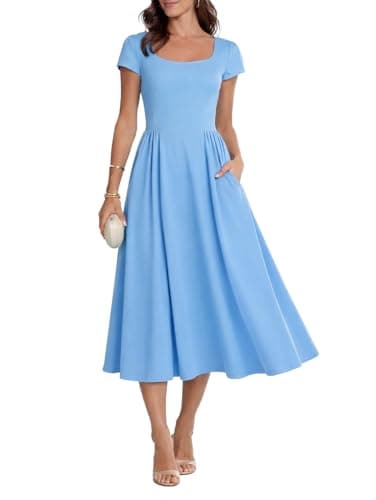 materasu Women Short Sleeve Midi Dress with Pocket Square Neck Tie Back Casual A Line Dress Blue - Image 1