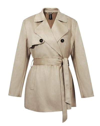 OctMoon Women's Cropped Faux Suede Trench Coat, Classic Short Jacket with Belt, Business Casual Soft Lapel Outerwear for Spring Fall(Khaki)-XS - Thumbnail 2