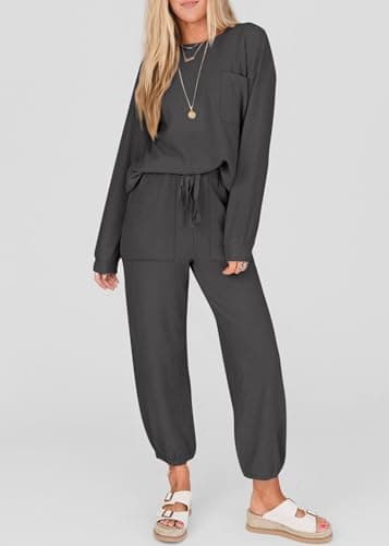 KIRUNDO Lounge Sets for Women 2026 Fall Airport Travel Outfits Ribbed Knit Tops Jogger Pants Tracksuit Postpartum Comfy Set(Dark Grey, Small) - Thumbnail 2