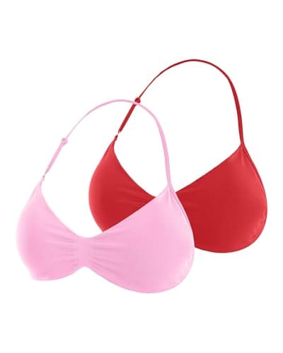 UG Active 2 Pack Halter Yoga Bras for Women Backless Sports Bra Spaghetti Straps Workout Gym Bras with Removable Pads Pink_Red L - Image 1